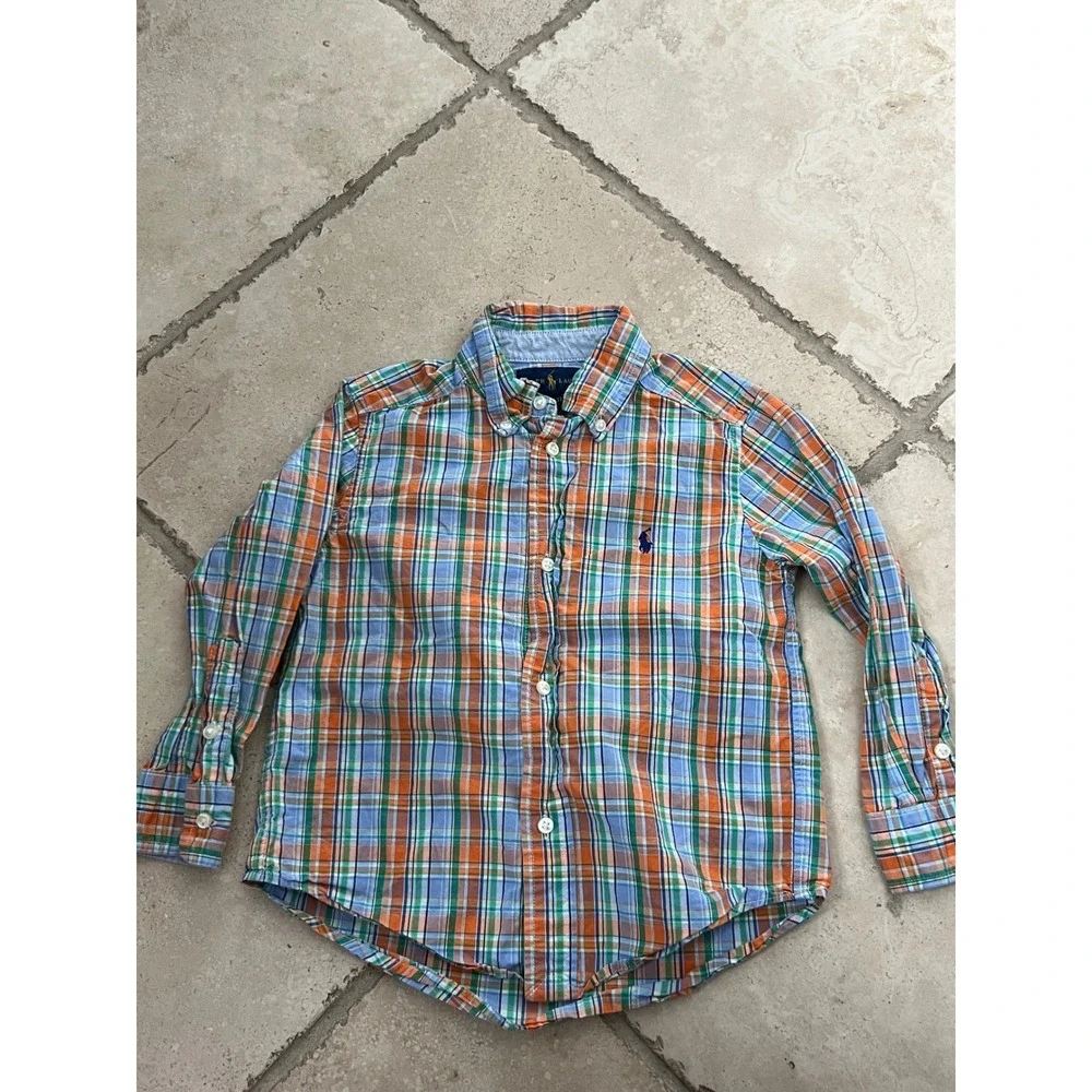 Ralph Lauren Boys Plaid Button Down Shirt Orange Blue Green 3T Long Sleeve